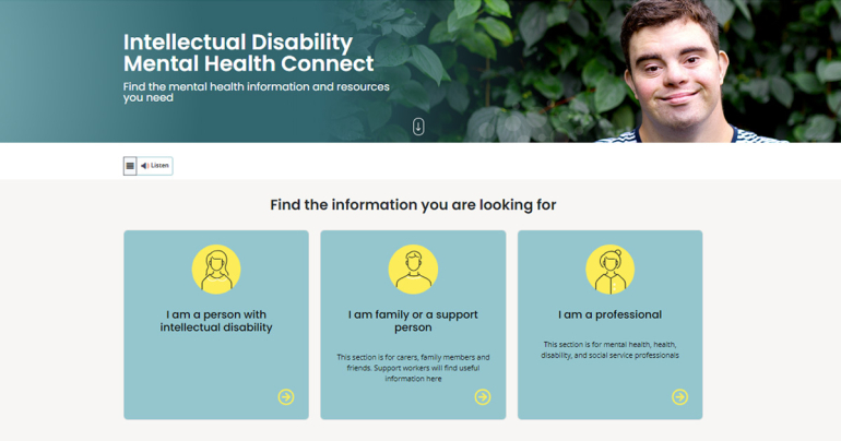 A screenshot of the intellectual disability mental health connect website home page