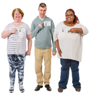 Three people pointing to themselves