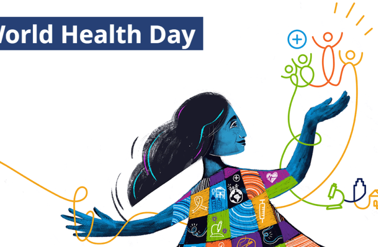 UN world health day graphic of a woman holding figures in her hand